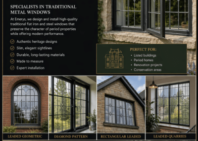 Promotional poster for Emerys Traditional Flatiron Windows featuring heritage metal window styles, craftsmanship details, and company contact information.