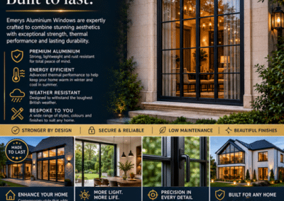 Advertisement for Emerys Aluminium Windows featuring a large arched black aluminium window on a stone building, with modern home imagery and product benefits.