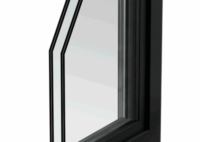Cross‑section of a modern aluminium window frame showing multi‑layer glazing and internal channels.