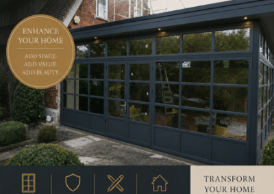 Advertisement showing a modern home extension with slimline aluminium windows and doors promoting Emerys Metal Windows.