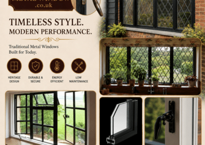 Promotional graphic featuring heritage‑style metal windows, close‑ups of frames and handles, and Emerys Metal Windows branding.