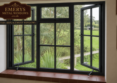 Black steel‑style replacement windows with opening side panels overlooking a garden, branded Emerys Metal Windows.